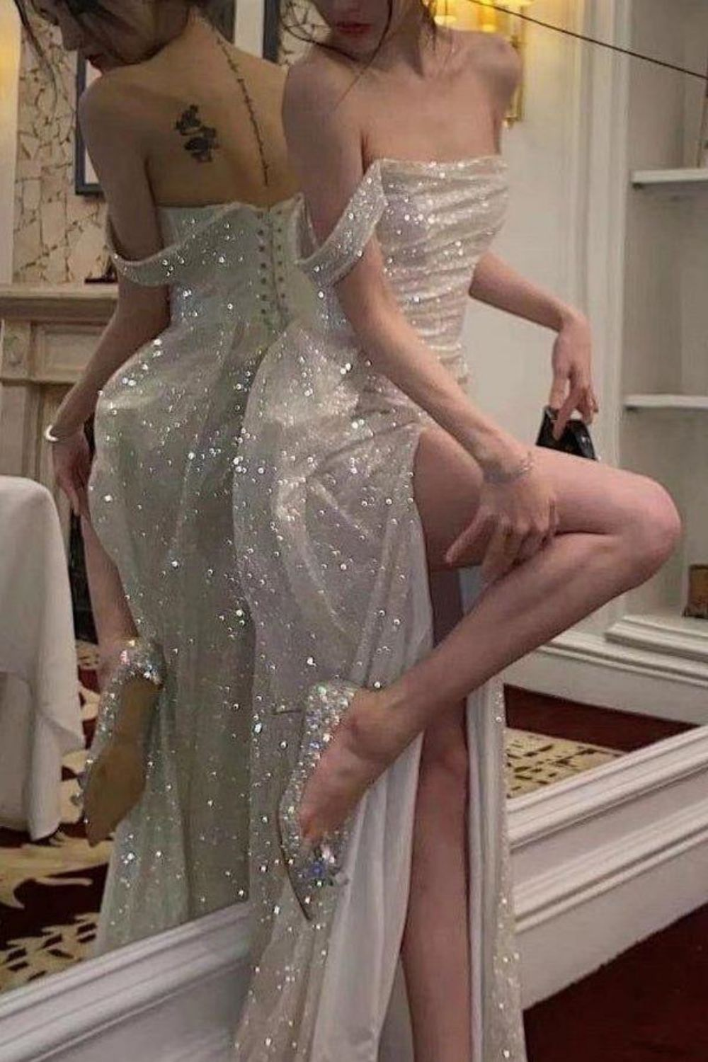 Elegant Mermaid Off The Shoulder Silver Sequins Long Prom Dress With Split Front AD643