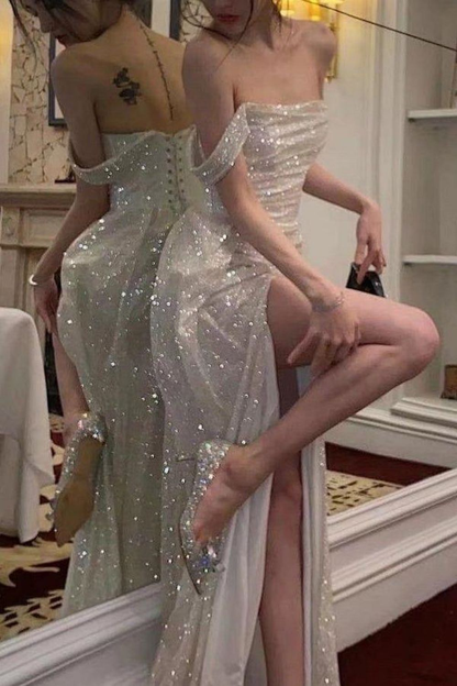 Elegant Mermaid Off The Shoulder Silver Sequins Long Prom Dress With Split Front AD643