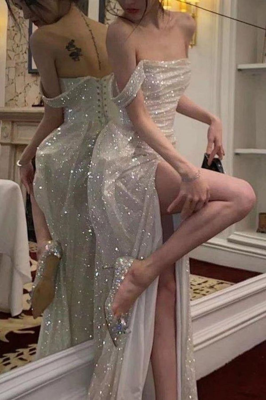 Elegant Mermaid Off The Shoulder Silver Sequins Long Prom Dress With Split Front AD643