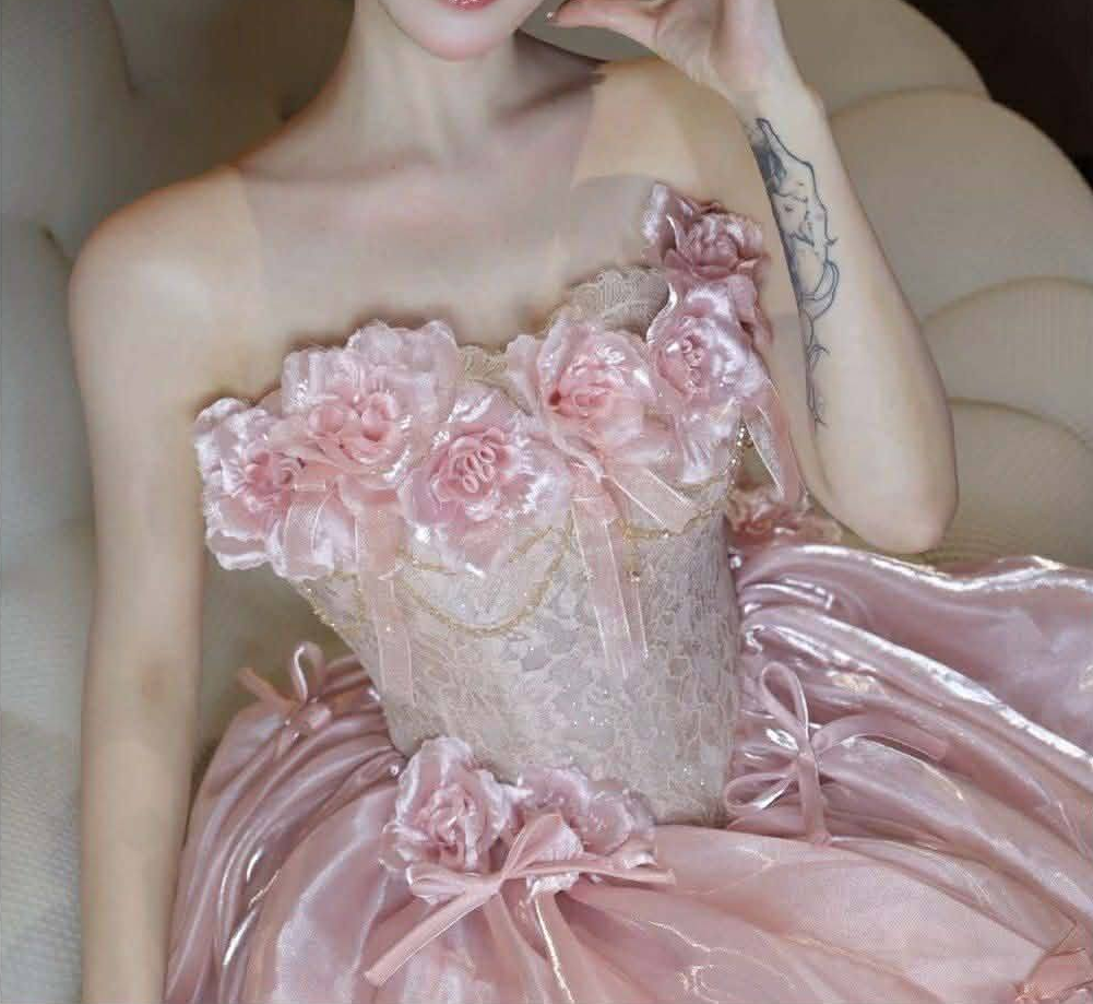 Luxurious Pink Strapless  Lace Corset Bodice Ball Gown Prom Dress With 3D Floral Appliques And Bow Details AD644