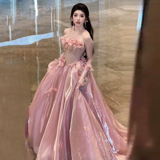 Luxurious Pink Strapless  Lace Corset Bodice Ball Gown Prom Dress With 3D Floral Appliques And Bow Details AD644