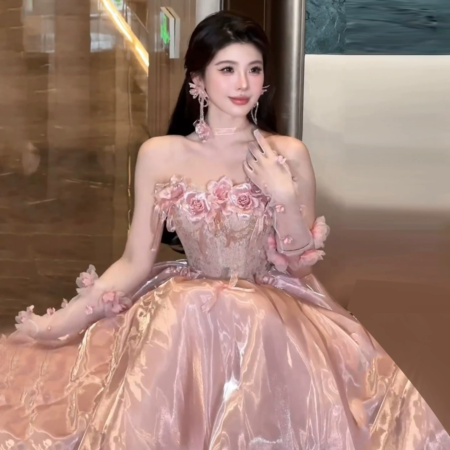 Luxurious Pink Strapless  Lace Corset Bodice Ball Gown Prom Dress With 3D Floral Appliques And Bow Details AD644