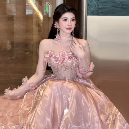 Luxurious Pink Strapless  Lace Corset Bodice Ball Gown Prom Dress With 3D Floral Appliques And Bow Details AD644
