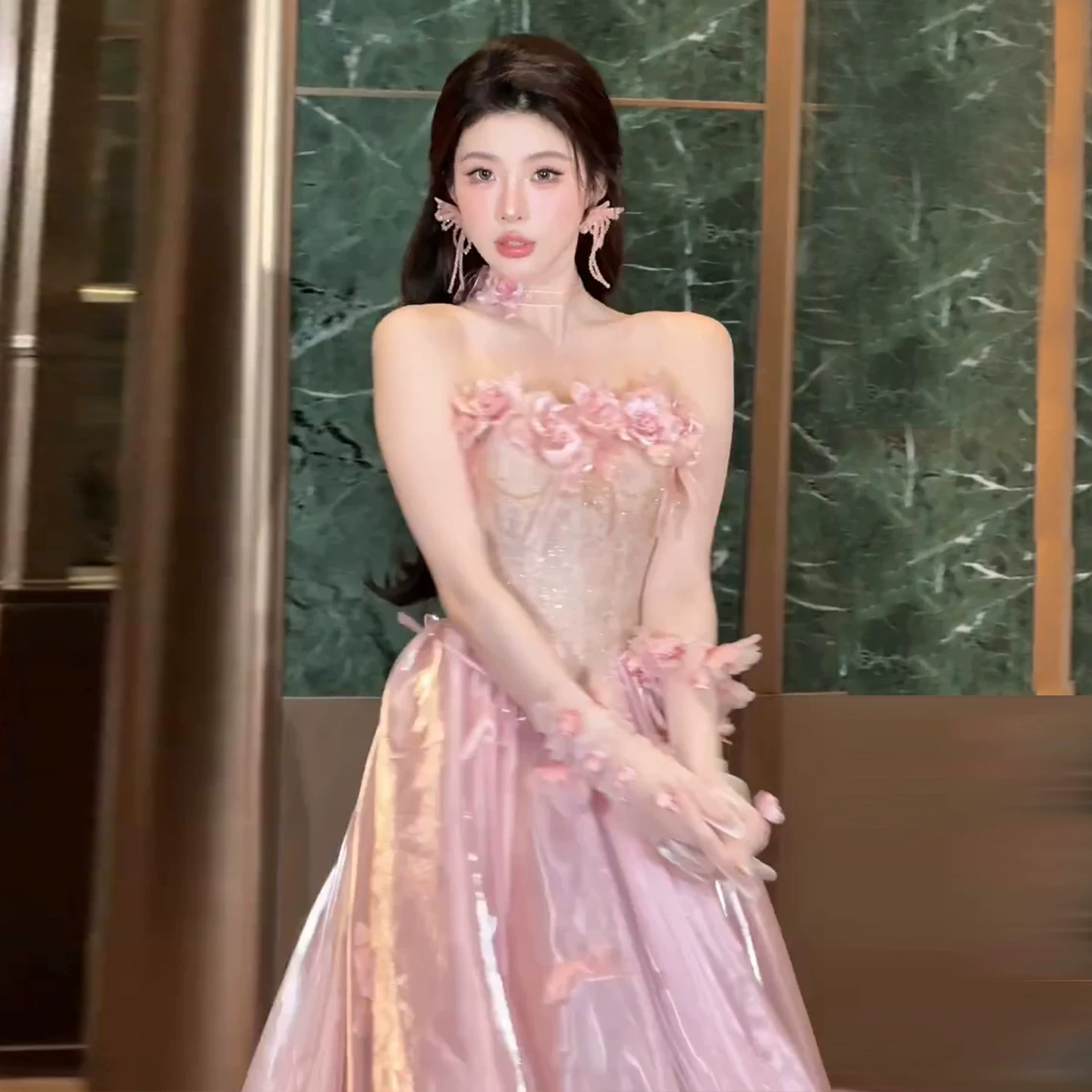 Luxurious Pink Strapless  Lace Corset Bodice Ball Gown Prom Dress With 3D Floral Appliques And Bow Details AD644
