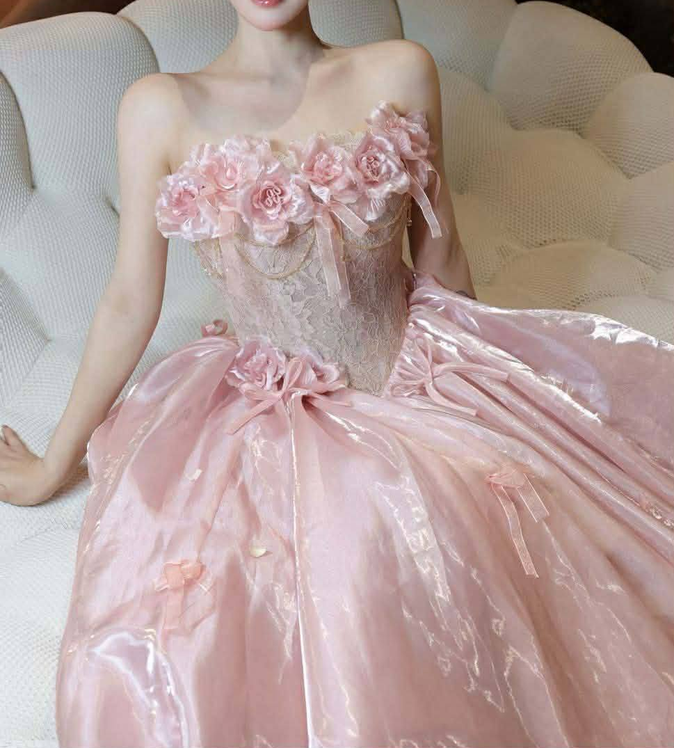 Luxurious Pink Strapless  Lace Corset Bodice Ball Gown Prom Dress With 3D Floral Appliques And Bow Details AD644