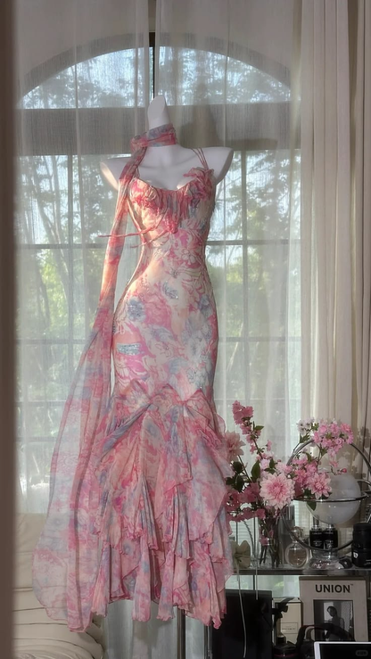 Romantic Pink Floral Printed Spaghetti Straps Mermaid Prom Dress With Tiered Ruffle Skirt AD645