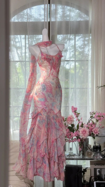 Romantic Pink Floral Printed Spaghetti Straps Mermaid Prom Dress With Tiered Ruffle Skirt AD645