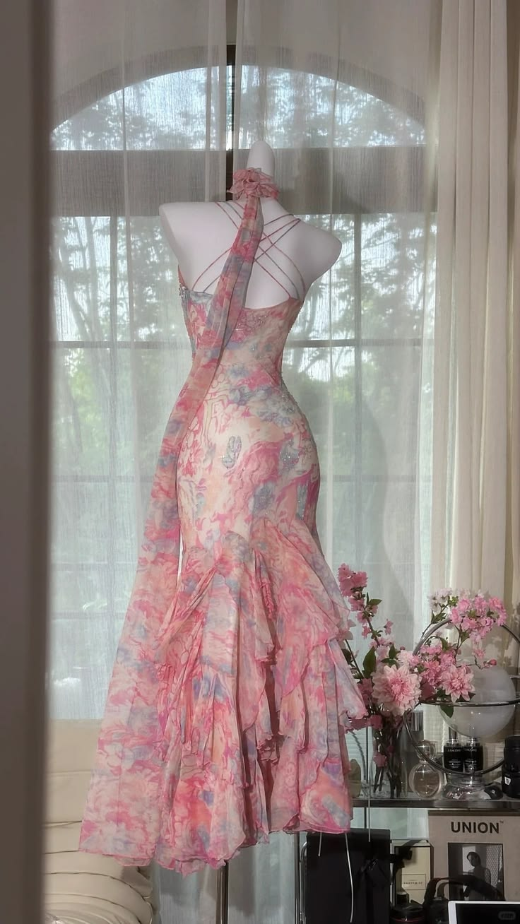 Romantic Pink Floral Printed Spaghetti Straps Mermaid Prom Dress With Tiered Ruffle Skirt AD645