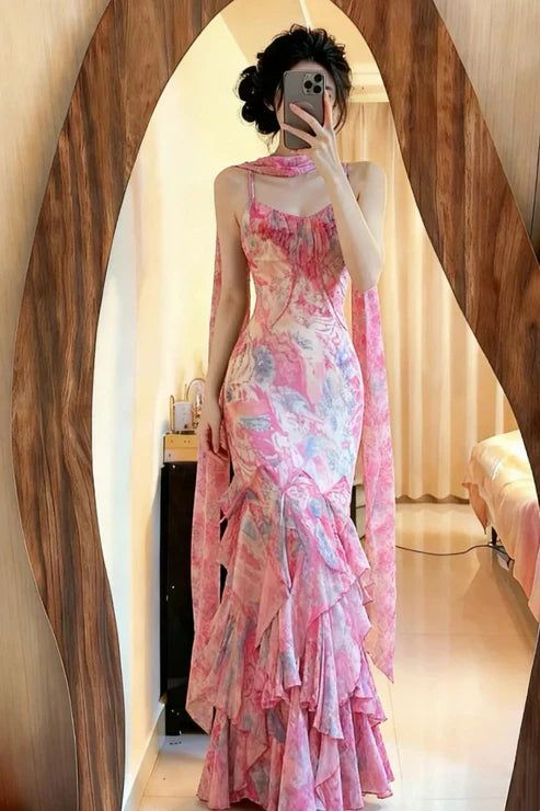 Romantic Pink Floral Printed Spaghetti Straps Mermaid Prom Dress With Tiered Ruffle Skirt AD645