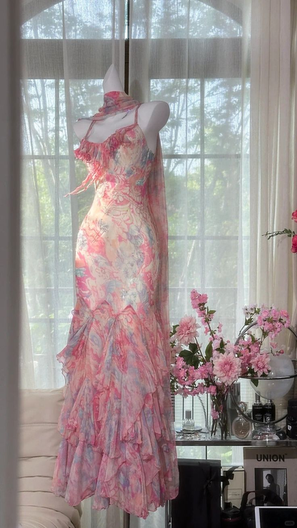 Romantic Pink Floral Printed Spaghetti Straps Mermaid Prom Dress With Tiered Ruffle Skirt AD645
