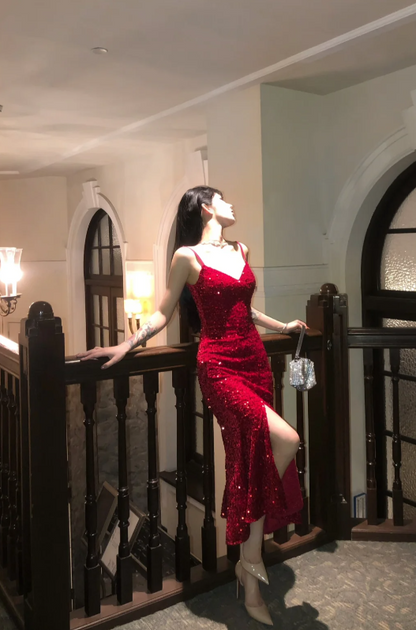 Glamorous Red Spaghetti Straps Sequin Mermaid Prom Dress With High Slit AD646
