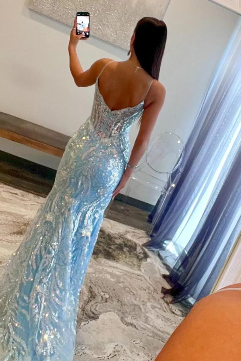Sparkly Light Blue Mermaid Spaghetti Strap Sequin Prom Dress AD648