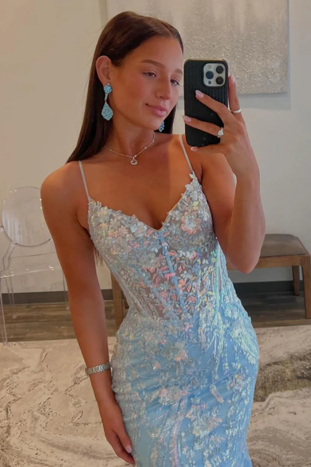Sparkly Light Blue Mermaid Spaghetti Strap Sequin Prom Dress AD648