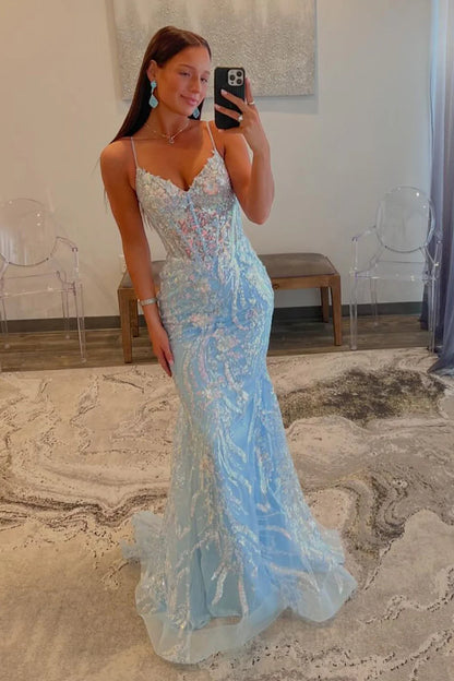 Sparkly Light Blue Mermaid Spaghetti Strap Sequin Prom Dress AD648