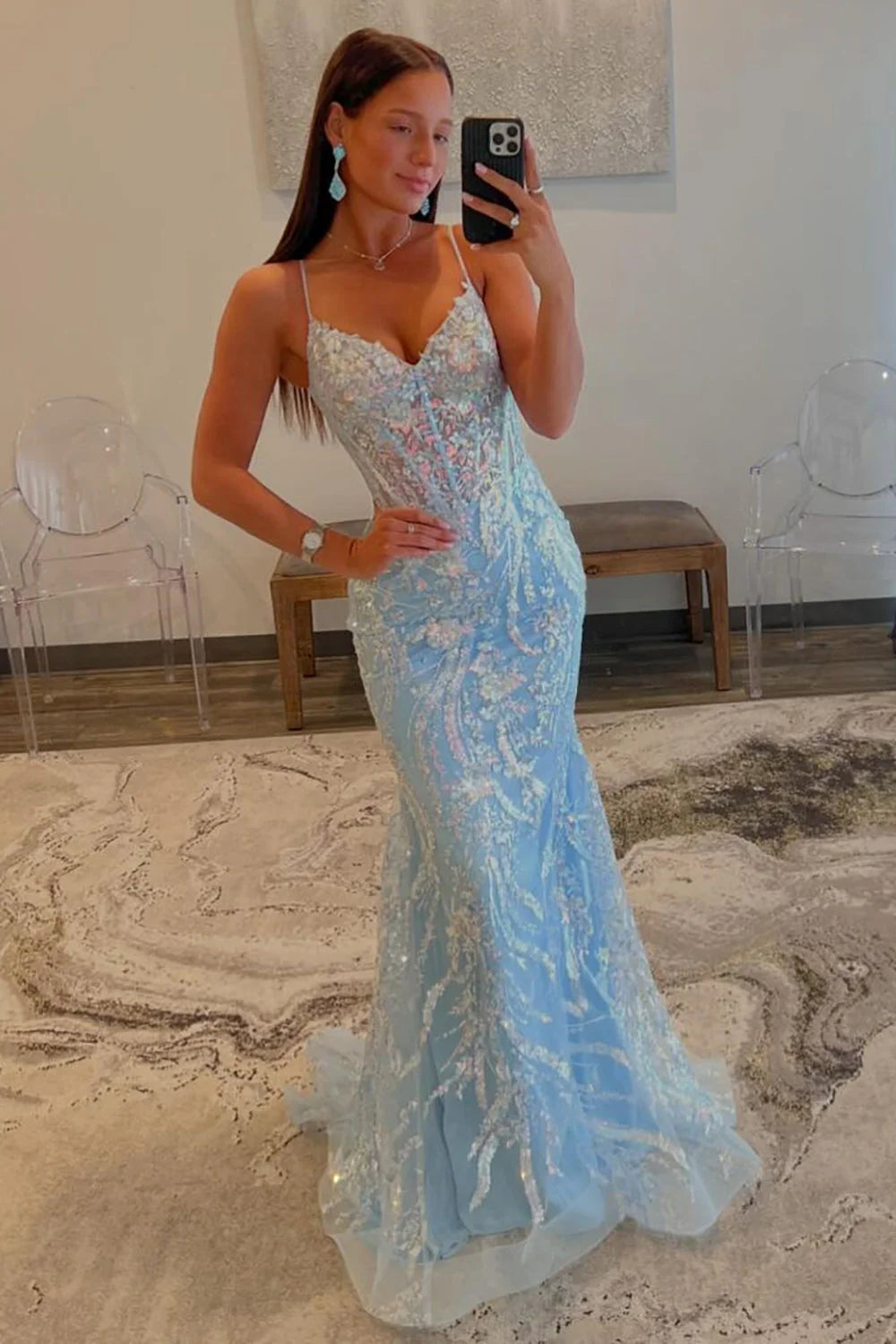 Sparkly Light Blue Mermaid Spaghetti Strap Sequin Prom Dress AD648