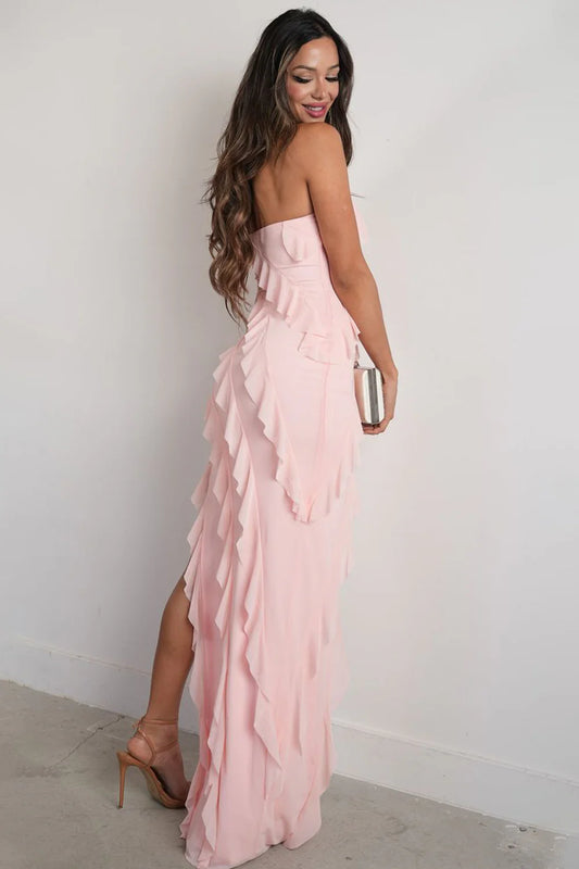 Elegant Pink Strapless Cascading Ruffle Long Prom Evening Dress AD649