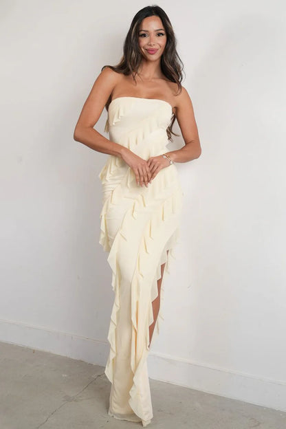 Elegant Pink Strapless Cascading Ruffle Long Prom Evening Dress AD649