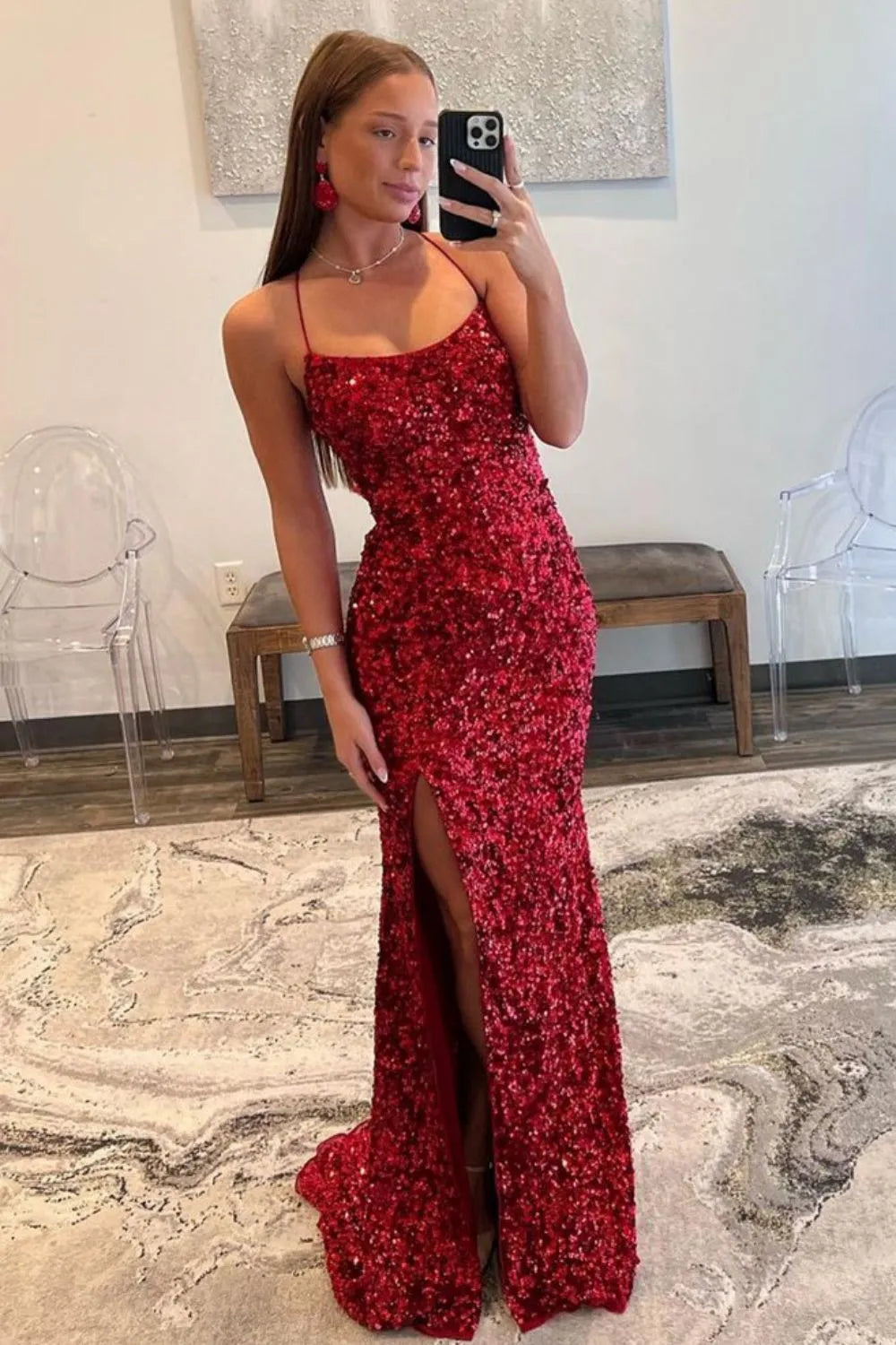 Navy Fitted Sequin Long Prom Dress With Spaghetti Straps And Side Slit AD650