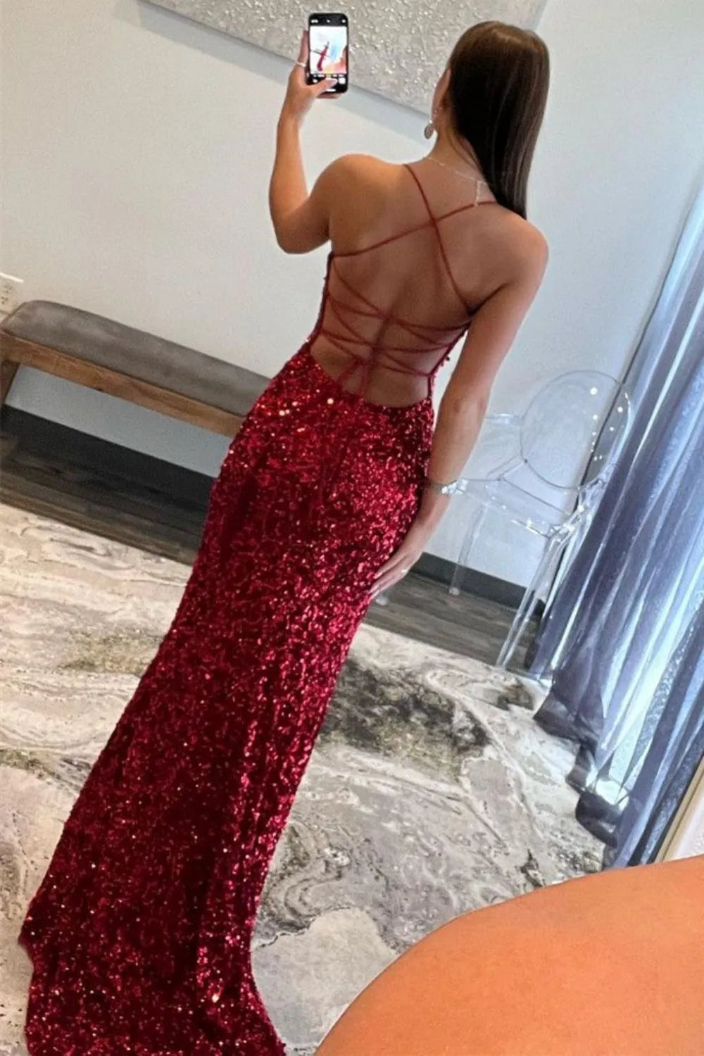 Navy Fitted Sequin Long Prom Dress With Spaghetti Straps And Side Slit AD650