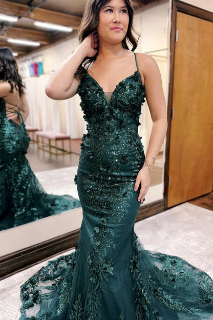 Gorgeous Dark Green Spaghetti Straps Mermaid Prom Dress With 3D Appliques AD651