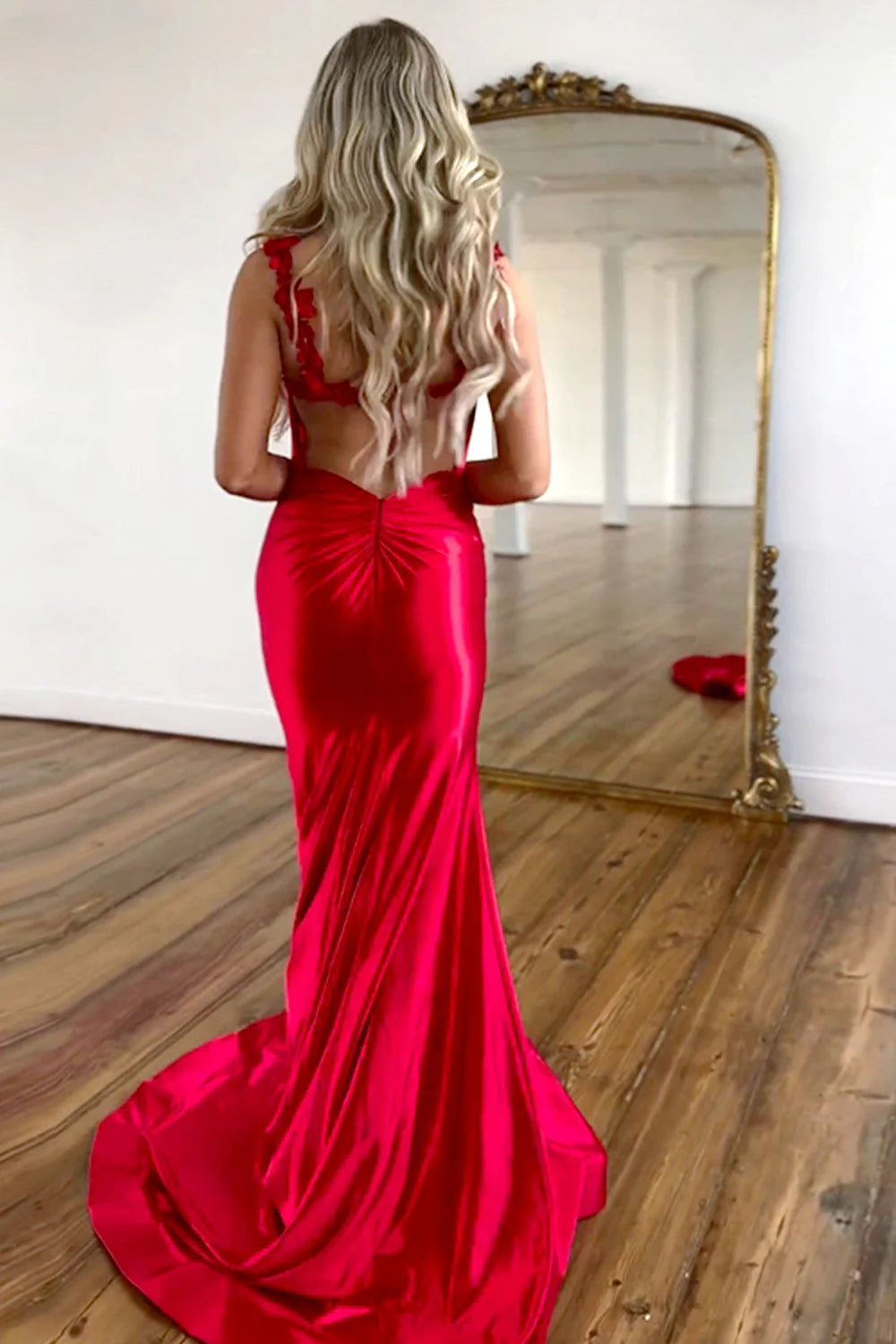 Red Satin Mermaid Prom Dress With Floral Strap Detailing And High Leg Slit AD652
