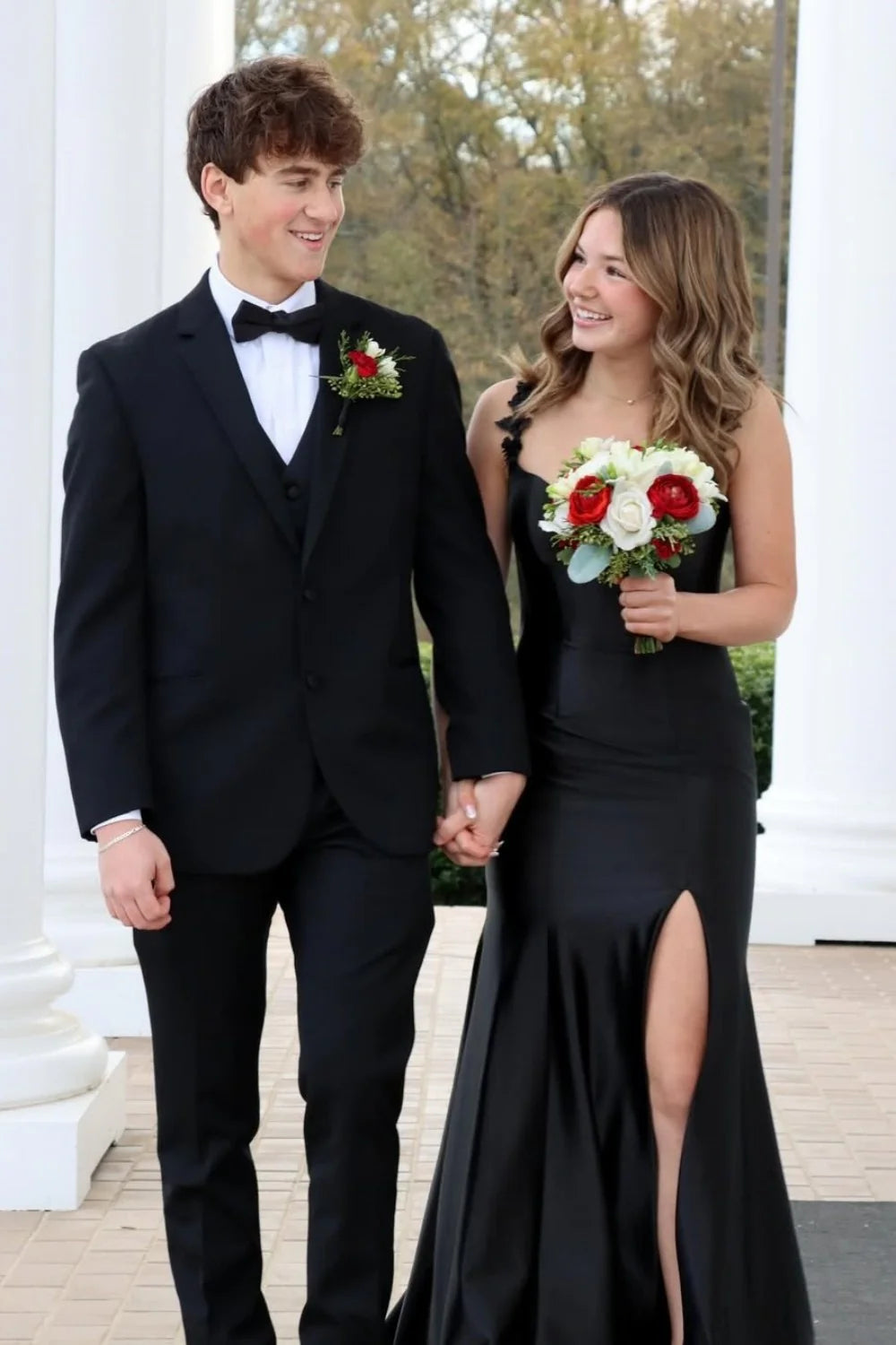 Red Satin Mermaid Prom Dress With Floral Strap Detailing And High Leg Slit AD652