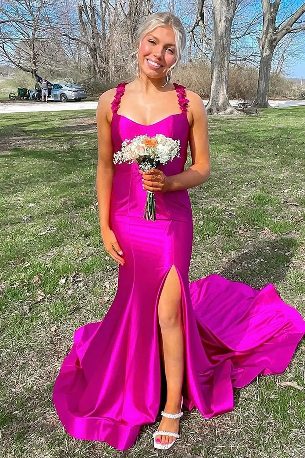 Red Satin Mermaid Prom Dress With Floral Strap Detailing And High Leg Slit AD652