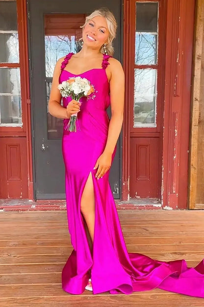 Red Satin Mermaid Prom Dress With Floral Strap Detailing And High Leg Slit AD652