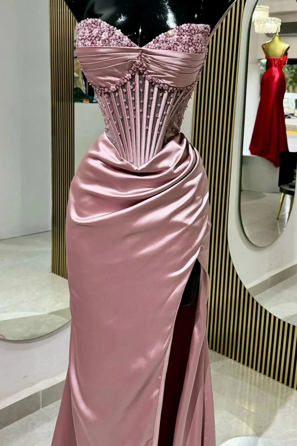 Blush Pink Strapless Beaded Corset Satin Mermaid Prom Dress With High Slit AD653