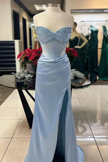 Blush Pink Strapless Beaded Corset Satin Mermaid Prom Dress With High Slit AD653