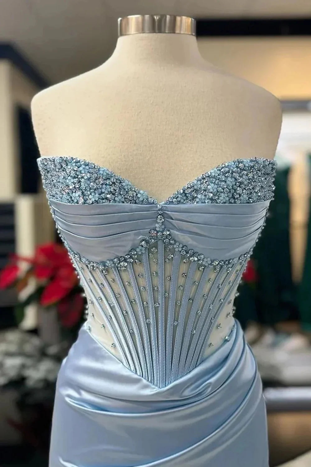 Blush Pink Strapless Beaded Corset Satin Mermaid Prom Dress With High Slit AD653