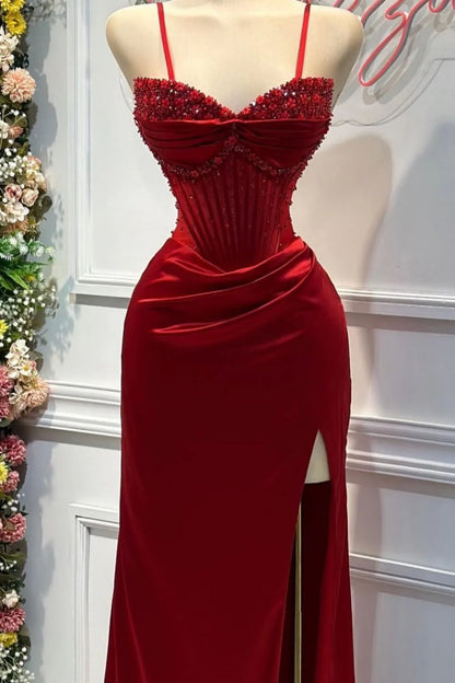 Blush Pink Strapless Beaded Corset Satin Mermaid Prom Dress With High Slit AD653