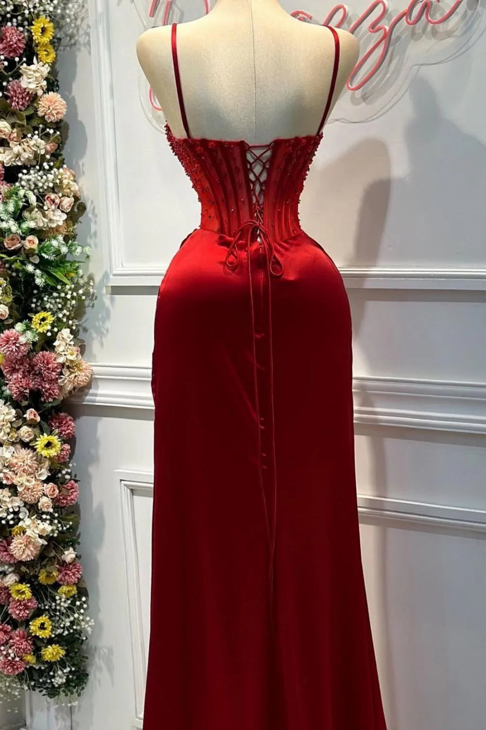 Blush Pink Strapless Beaded Corset Satin Mermaid Prom Dress With High Slit AD653