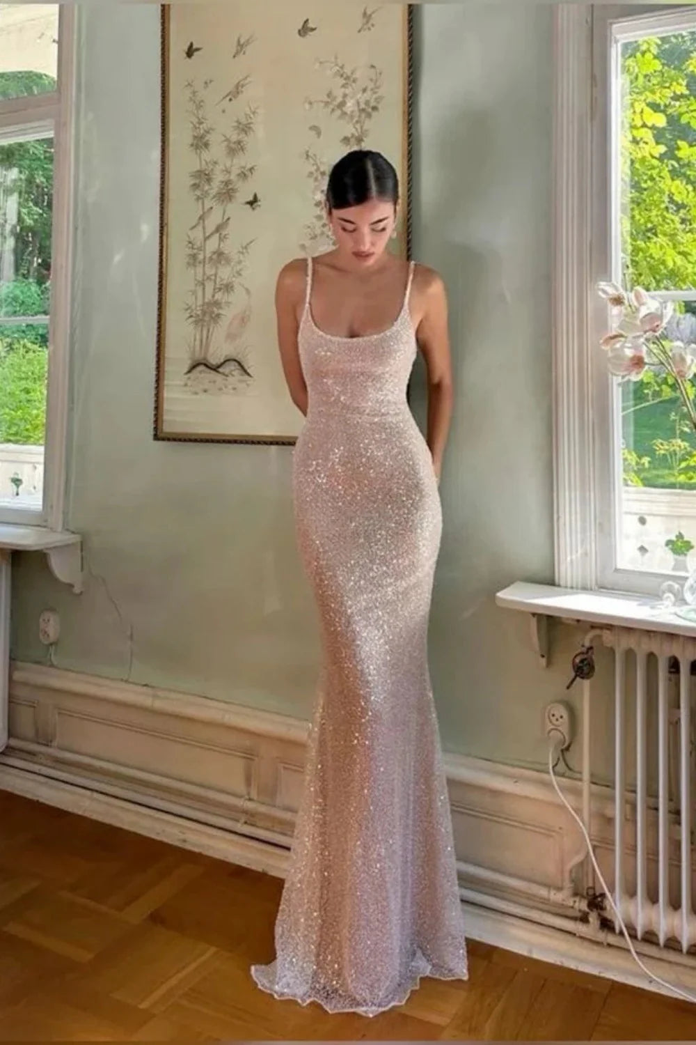 Elegant Light Champagne Sparkly Sequin Bodycon Spaghetti Straps Prom Gown AD654