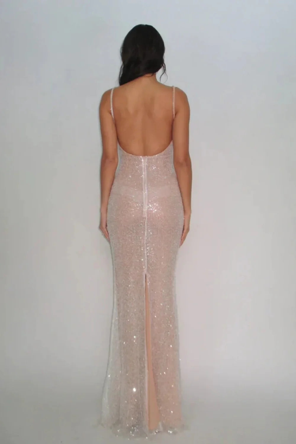 Elegant Light Champagne Sparkly Sequin Bodycon Spaghetti Straps Prom Gown AD654