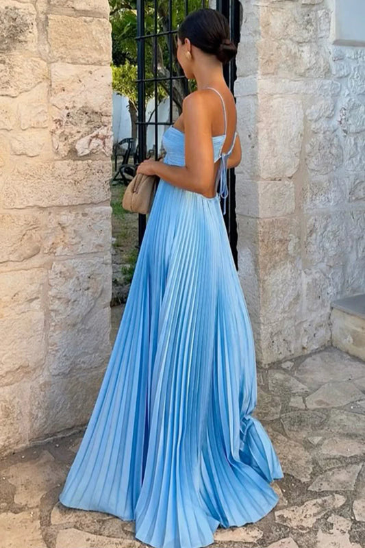 Blue A-Line Long Pleated Cutout Prom Dress With Spaghetti Straps AD655