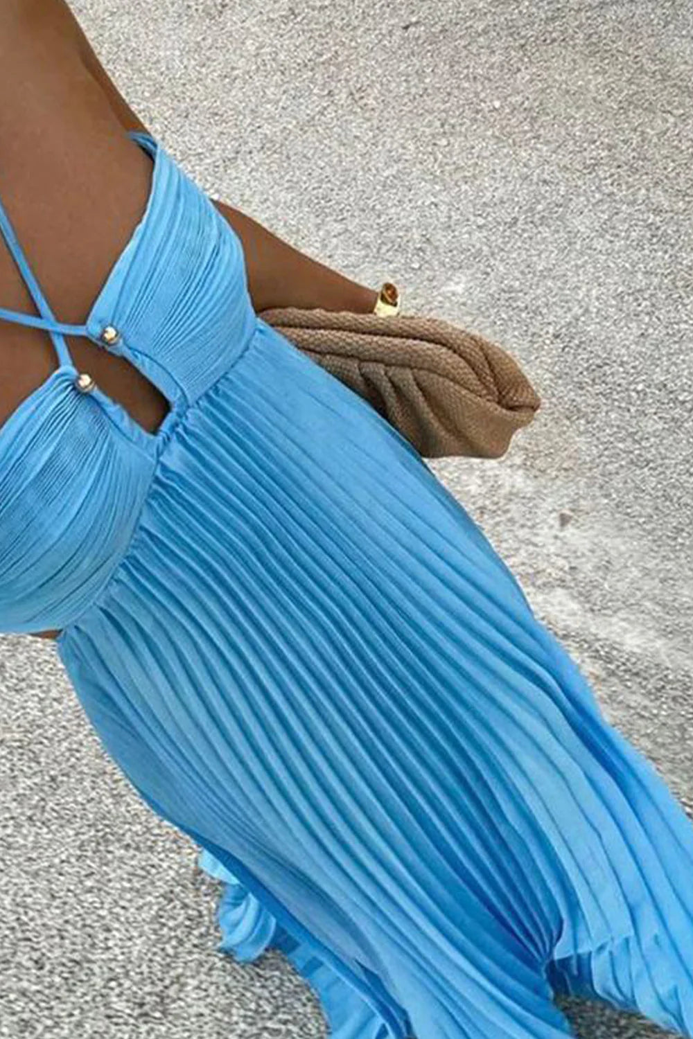 Blue A-Line Long Pleated Cutout Prom Dress With Spaghetti Straps AD655