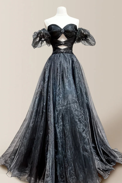 Stylish Black Off-The-Shoulder A-Line Prom Dress With Sheer Puff Sleeves & Cutout Beaded Bodice AD657