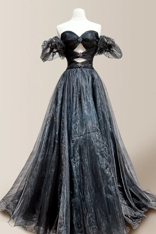 Stylish Black Off-The-Shoulder A-Line Prom Dress With Sheer Puff Sleeves & Cutout Beaded Bodice AD657