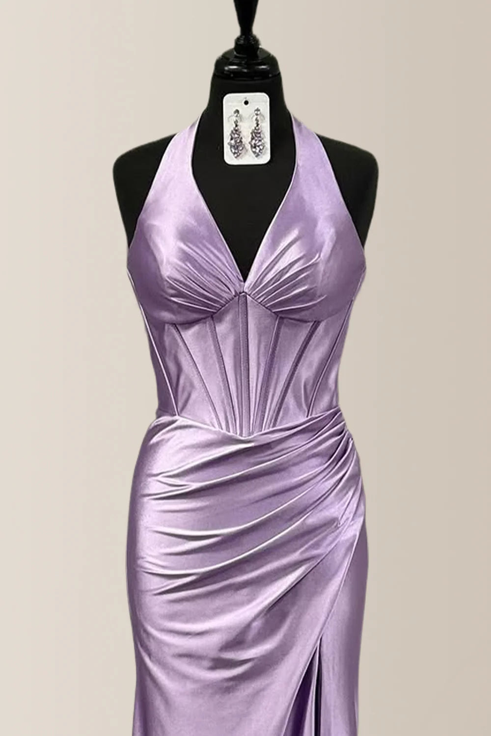Elegant Lilac Halter Mermaid Satin Prom Dress With Ruched Bodice & Thigh-High Slit AD658