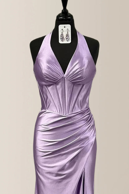 Elegant Lilac Halter Mermaid Satin Prom Dress With Ruched Bodice & Thigh-High Slit AD658