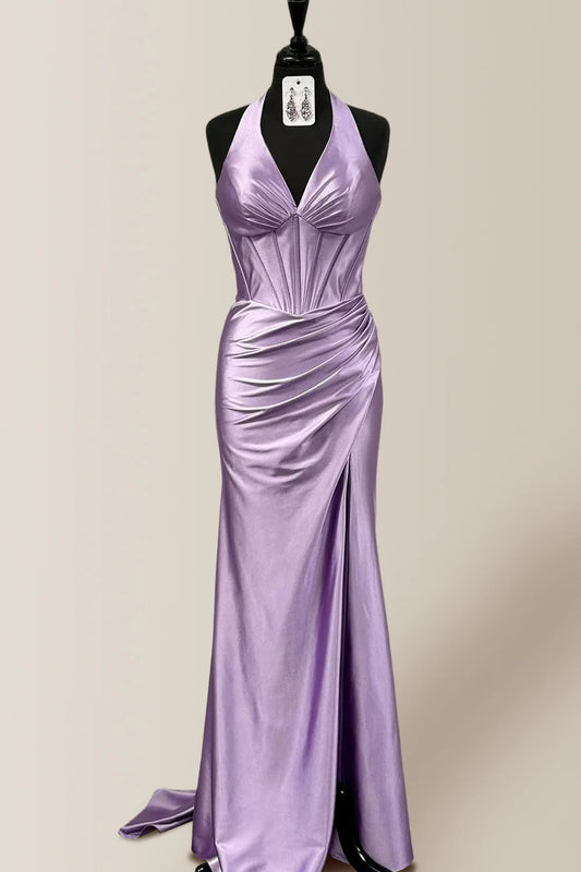 Elegant Lilac Halter Mermaid Satin Prom Dress With Ruched Bodice & Thigh-High Slit AD658