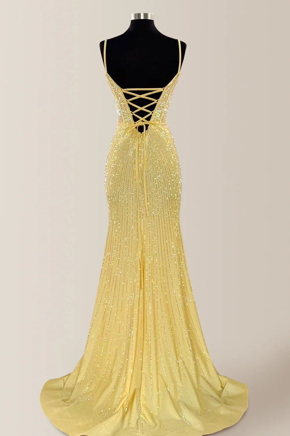 Yellow Sparkly Mermaid Prom Dress With Spaghetti Straps And Beaded Detail AD659