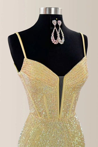 Yellow Sparkly Mermaid Prom Dress With Spaghetti Straps And Beaded Detail AD659