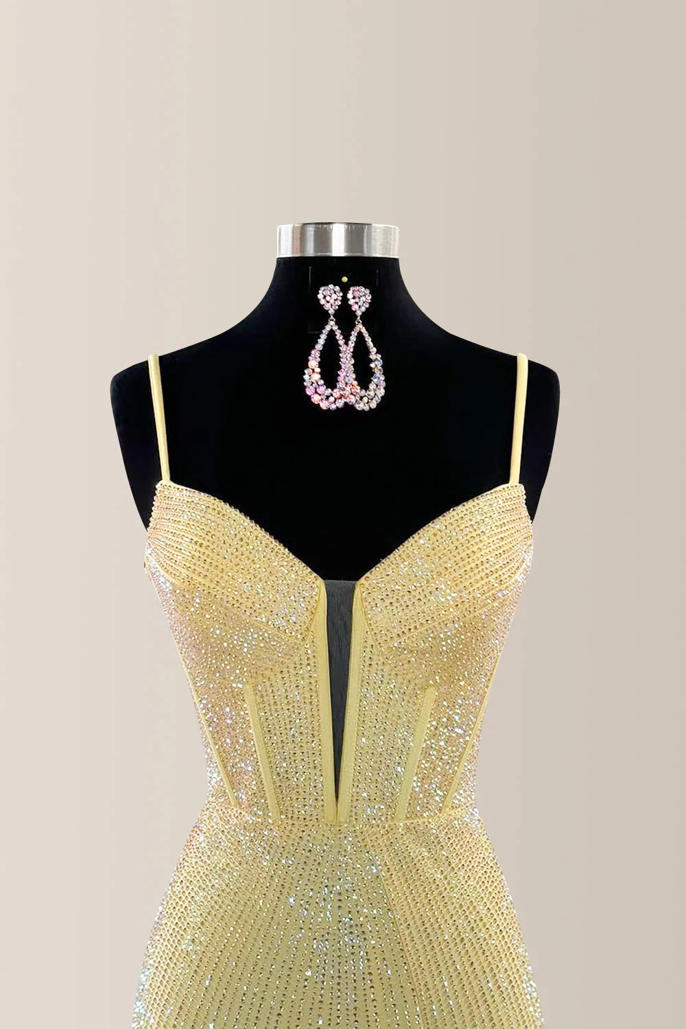 Yellow Sparkly Mermaid Prom Dress With Spaghetti Straps And Beaded Detail AD659