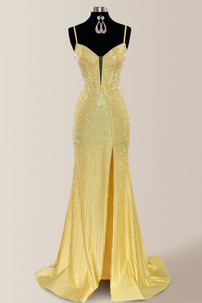 Yellow Sparkly Mermaid Prom Dress With Spaghetti Straps And Beaded Detail AD659
