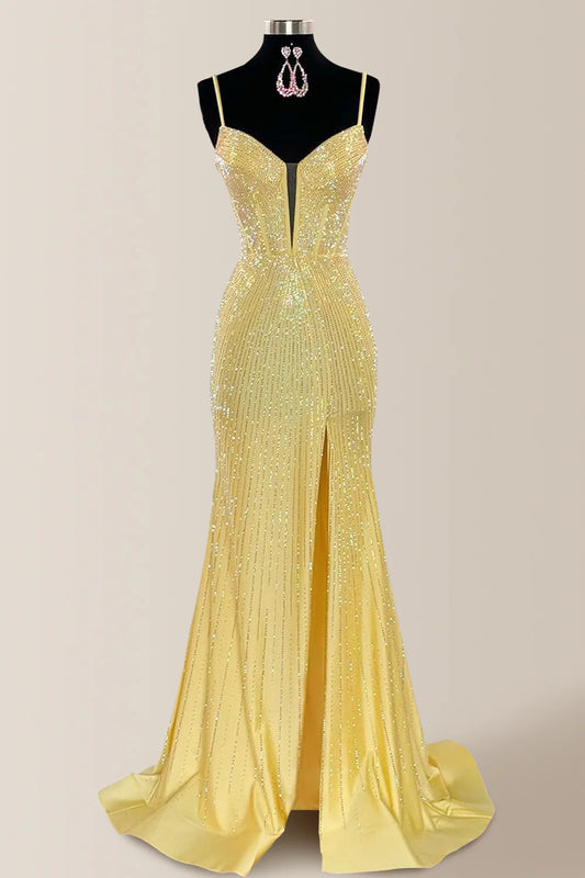 Yellow Sparkly Mermaid Prom Dress With Spaghetti Straps And Beaded Detail AD659