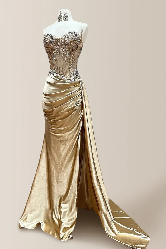 Gold Satin Mermaid Prom Dress With Spaghetti Straps And Applique Detailing AD660