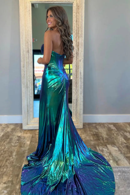 Metallic Dark Green Cut-Out Mermaid Prom Dress With High Slit And Train AD661