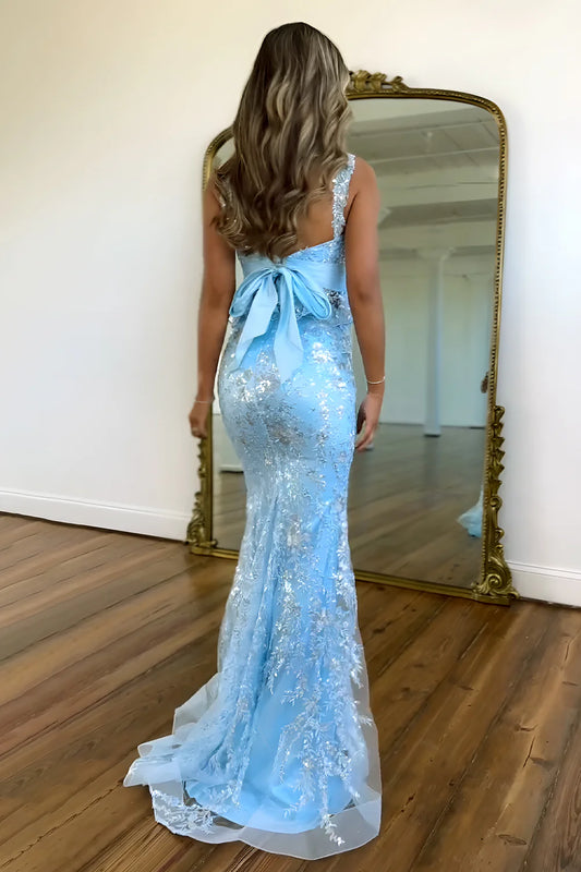 Sparkly Light Blue Sequin Lace Mermaid Prom Dress With Bow Back And Ruffle Peplum Design AD662